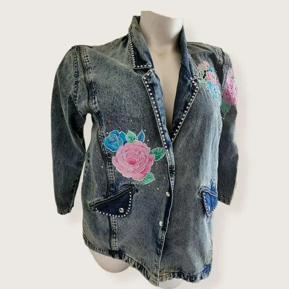 Vintage Embroidered Long Denim Jacket Blazer Zip Accent Woman's Size XL LH8009 - Picture 2 of 14